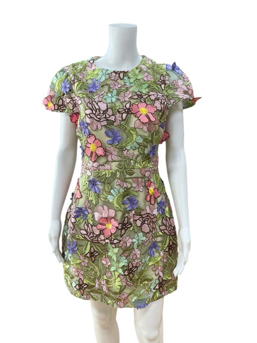 Just Me Embroidered Floral Tulle Mini Dress Green Pink Purple Size Medium